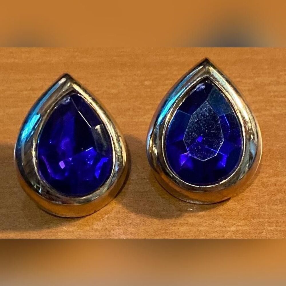 Blue Teardrop Stud Earrings Gold Tone Framed Stone Womens Statement Jewelry READ